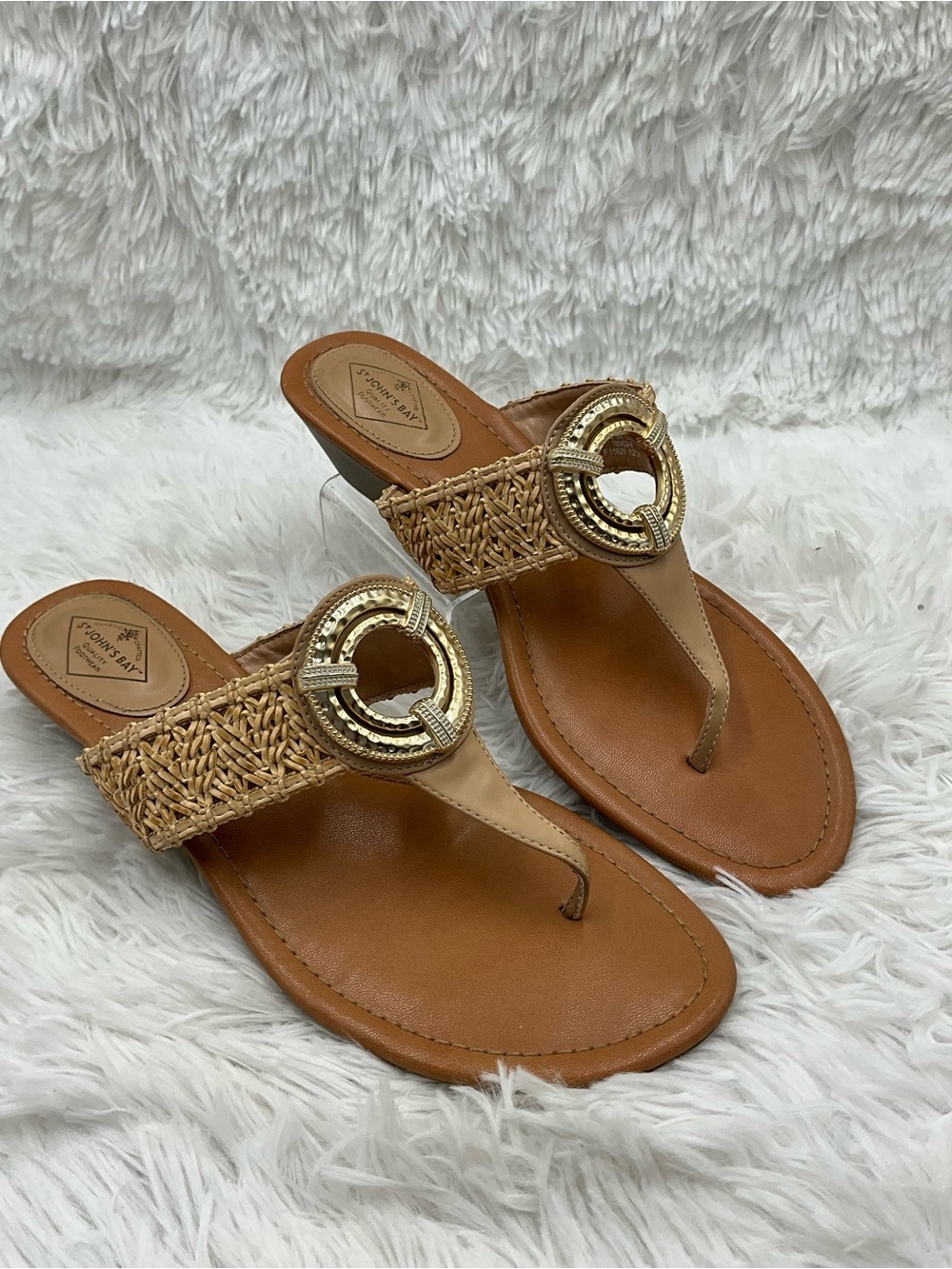 St. John's Bay Sandals Size 9 Tan Woven Thong with Gold Tone Medallion Ring